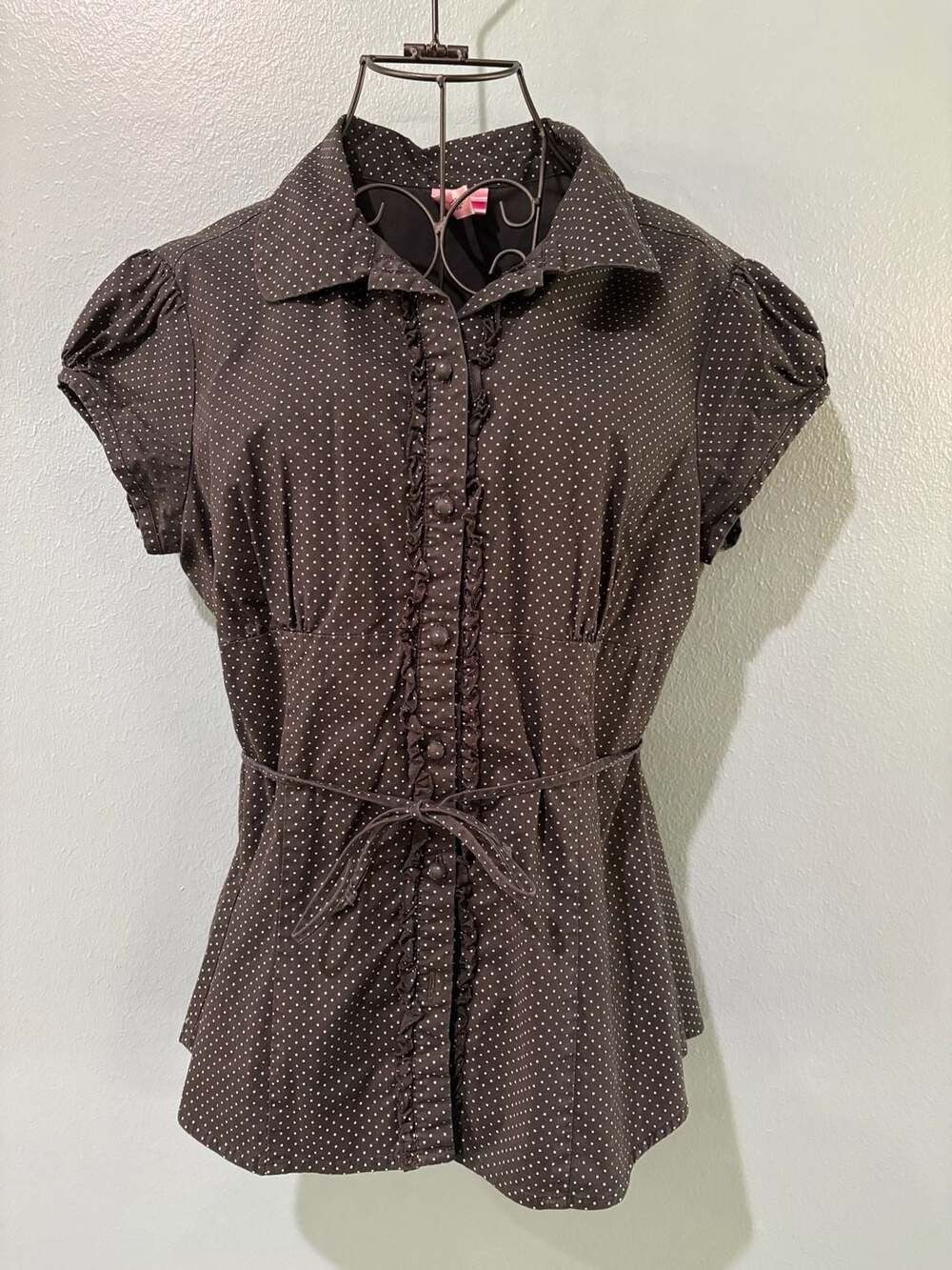 Dolled Up by FANG Polka Dot Button-Down Shirt Size L Brown Ruffle Trim